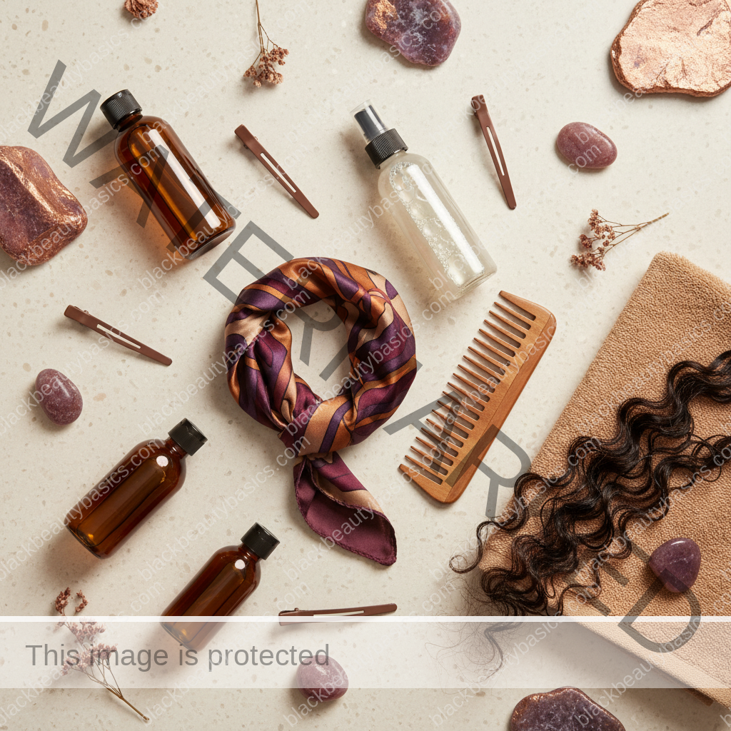 Natural-hair care essentials for Natural-Hair Routine for Black Women in Hard-Water Areas in ivory plum bronze and soft gold tones
