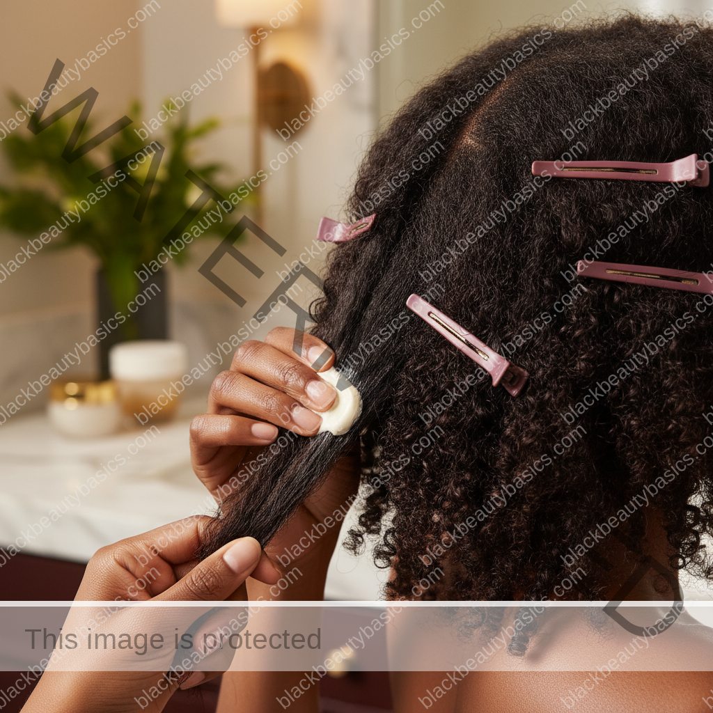 Melanin-rich Black woman with rich brown skin and textured hair using a practical natural-hair care step with natural hands and correct anatomy