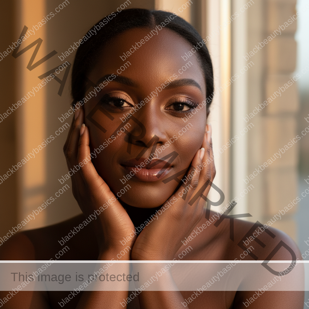 Melanin-rich Black woman with rich brown skin and textured hair relaxed with dimensional makeup for deep skin