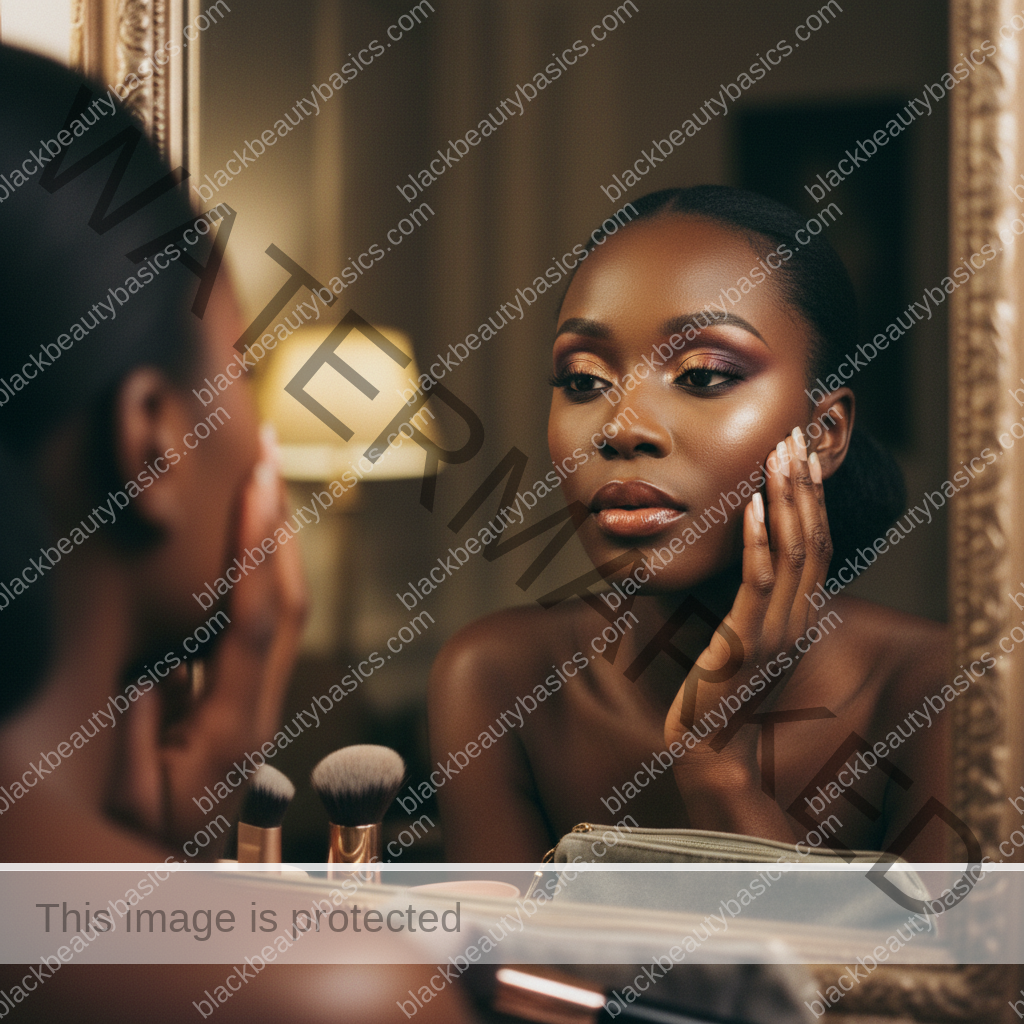 Melanin-rich Black woman with rich brown skin and textured hair in a calm mirror moment checking makeup undertone and finish