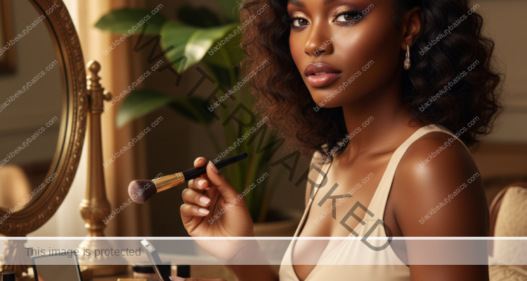 Melanin-rich Black woman with rich brown skin and textured hair in a warm editorial makeup moment for Night-Out Makeup for Deep Skin That Still Feels Wearable
