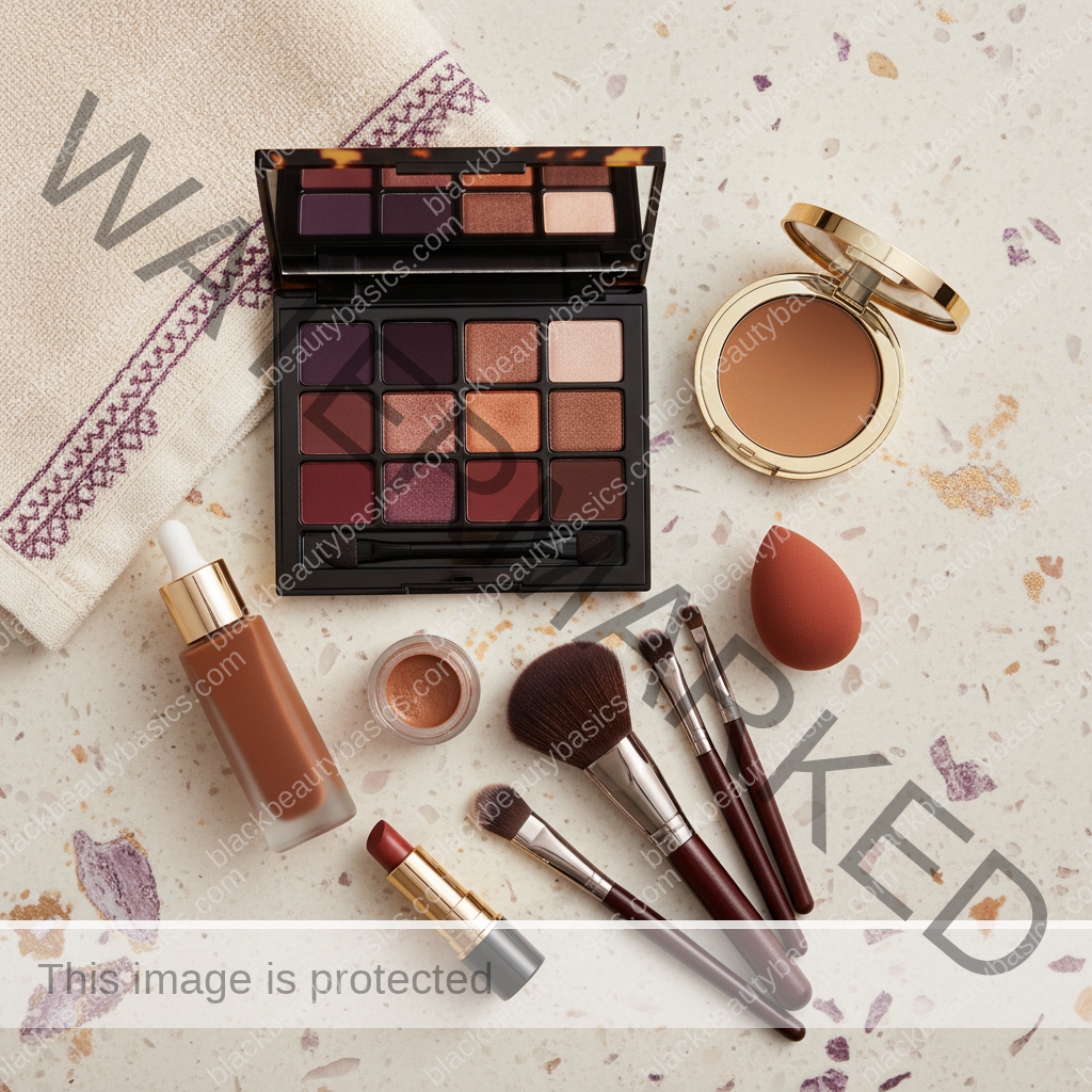 Deep skin makeup essentials for Night-Out Makeup for Deep Skin That Still Feels Wearable in ivory plum bronze and soft gold tones