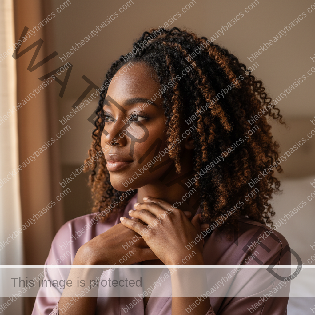 Melanin-rich Black woman with rich brown skin and textured hair relaxed after a gentle natural-hair routine