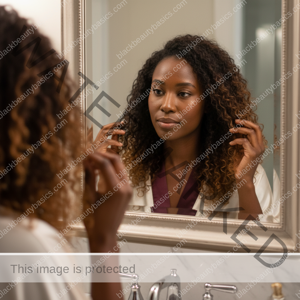 Melanin-rich Black woman with rich brown skin and textured hair in a calm mirror moment with natural hair