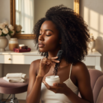 Melanin-rich Black woman with rich brown skin and textured hair in a warm editorial natural-hair routine moment for Night Routine for Natural Hair When You Are Exhausted