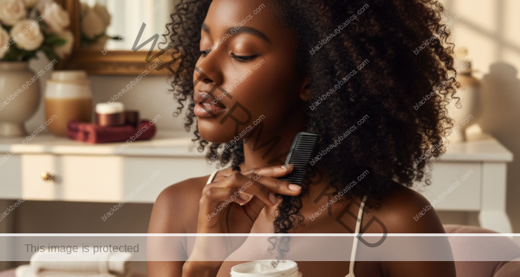 Melanin-rich Black woman with rich brown skin and textured hair in a warm editorial natural-hair routine moment for Night Routine for Natural Hair When You Are Exhausted