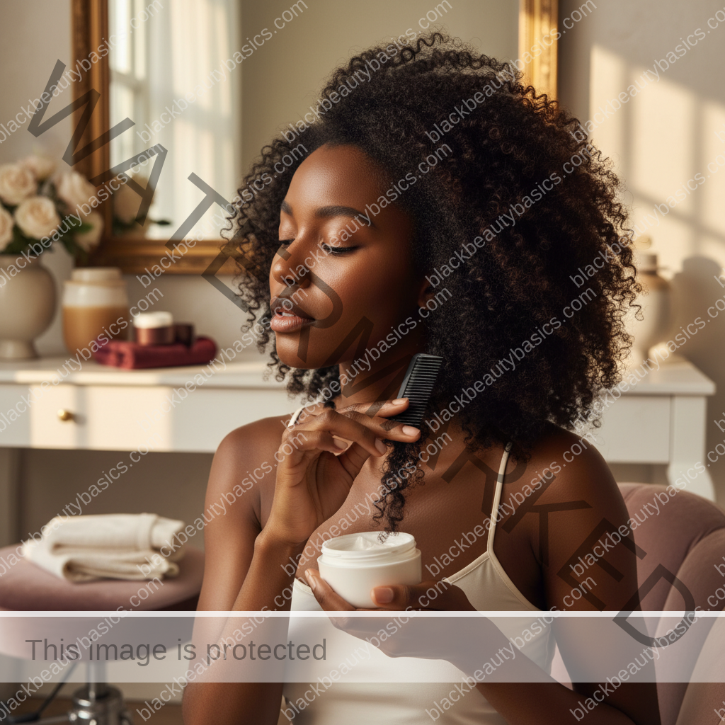 Melanin-rich Black woman with rich brown skin and textured hair in a warm editorial natural-hair routine moment for Night Routine for Natural Hair When You Are Exhausted