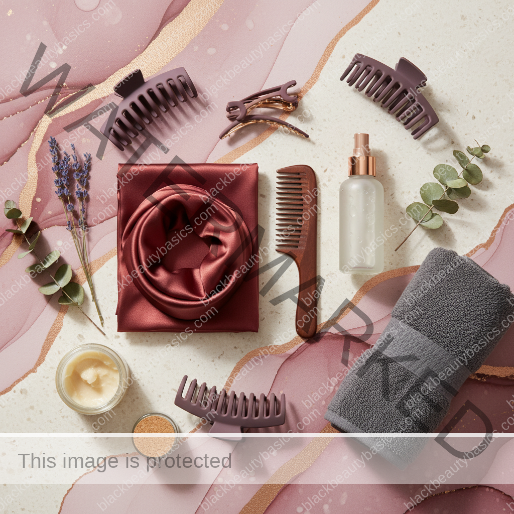 Natural-hair care essentials for Night Routine for Natural Hair When You Are Exhausted in ivory plum bronze and soft gold tones