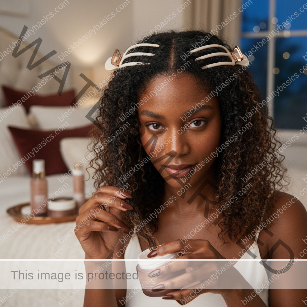 Melanin-rich Black woman with rich brown skin and textured hair using a practical natural-hair care step with natural hands and correct anatomy