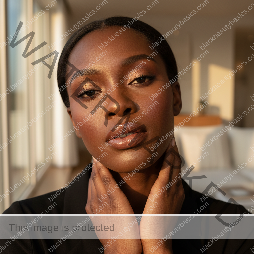 Melanin-rich Black woman with rich brown skin and textured hair relaxed with dimensional makeup for deep skin