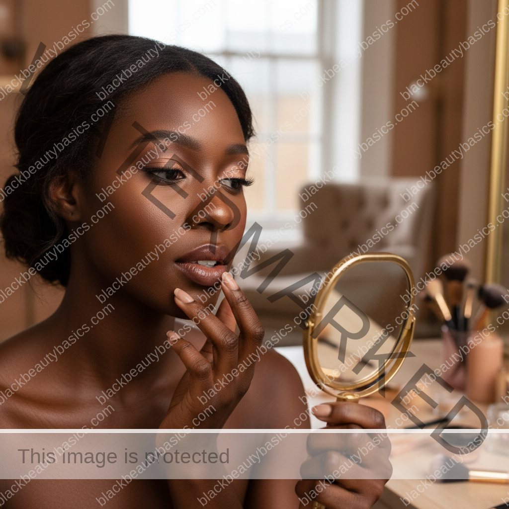 Melanin-rich Black woman with rich brown skin and textured hair in a calm mirror moment checking makeup undertone and finish