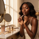 Melanin-rich Black woman with rich brown skin and textured hair in a warm editorial makeup moment for Best Nude Lip Combinations for Dark Skin by Undertone
