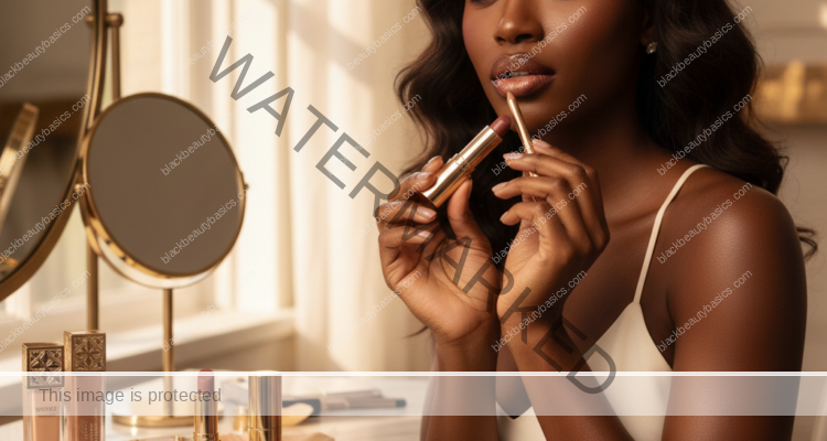 Melanin-rich Black woman with rich brown skin and textured hair in a warm editorial makeup moment for Best Nude Lip Combinations for Dark Skin by Undertone