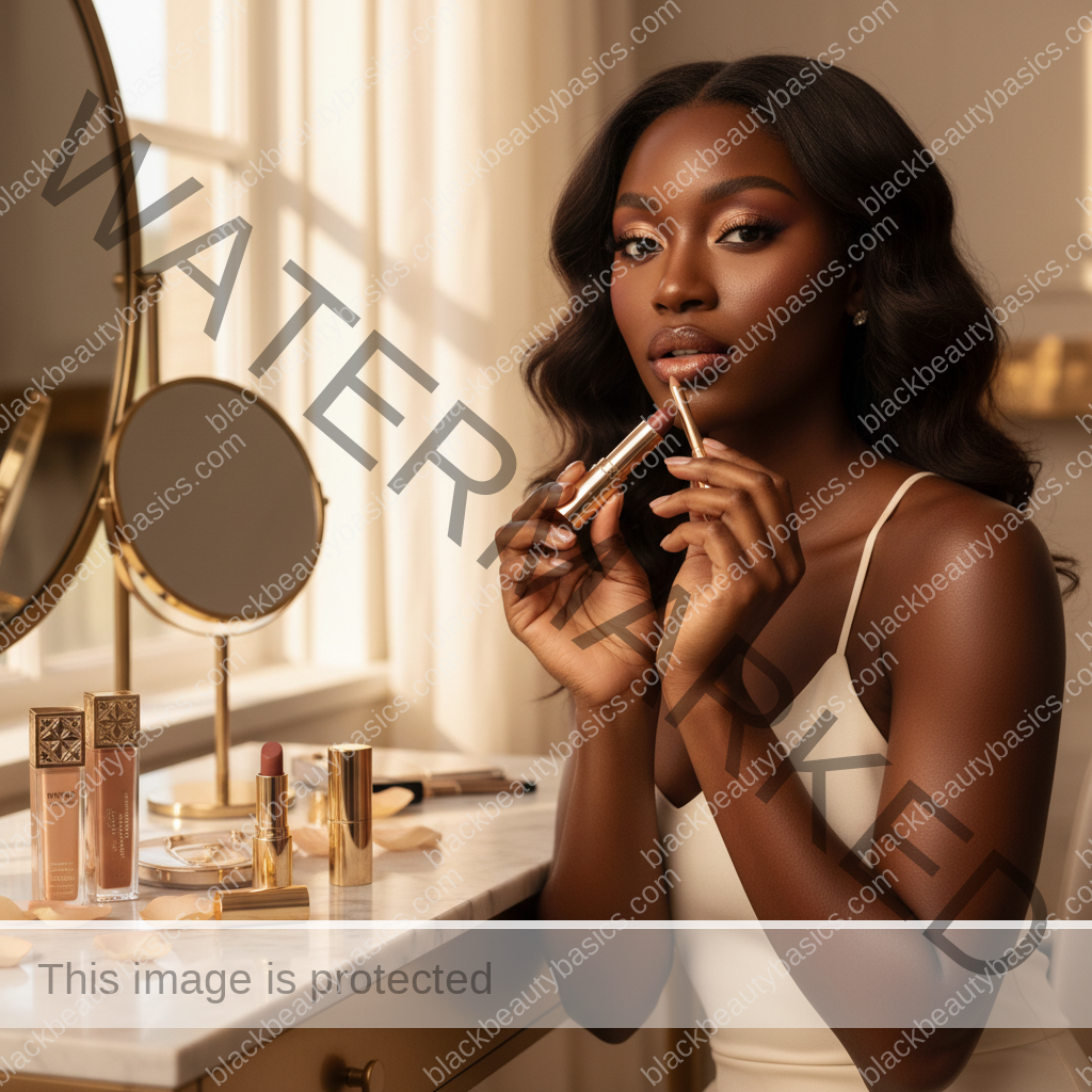 Melanin-rich Black woman with rich brown skin and textured hair in a warm editorial makeup moment for Best Nude Lip Combinations for Dark Skin by Undertone
