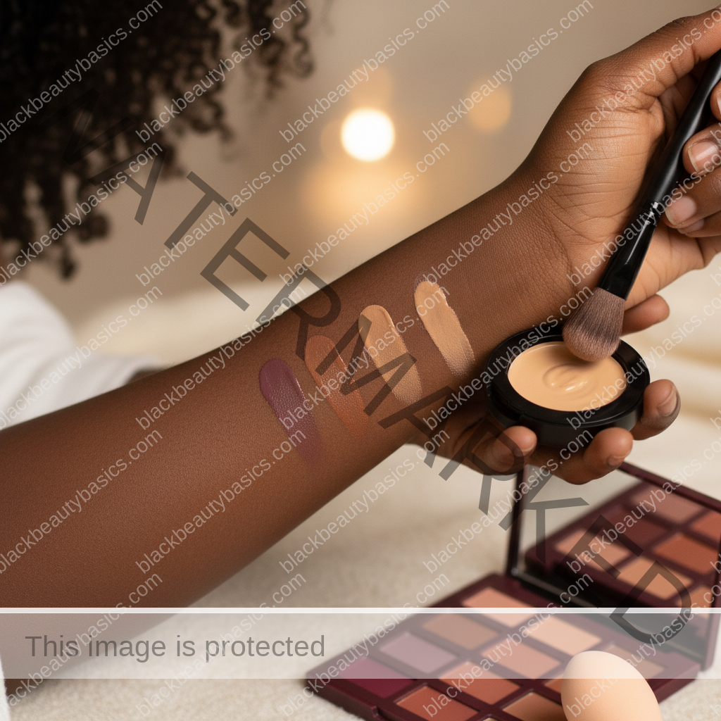 Melanin-rich Black woman with rich brown skin and textured hair using a practical makeup application step with natural hands and correct anatomy