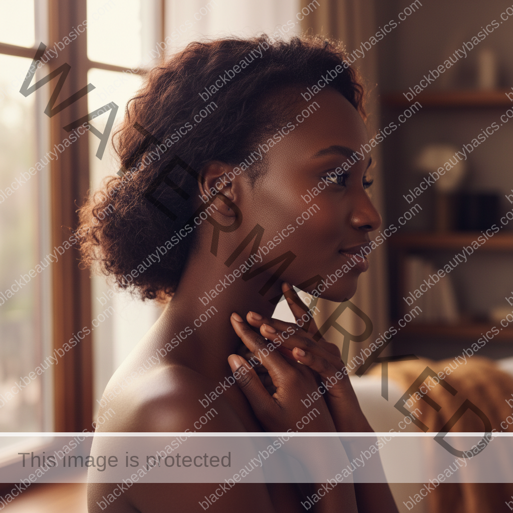 Melanin-rich Black woman with rich brown skin and textured hair relaxed after a gentle scalp-care routine