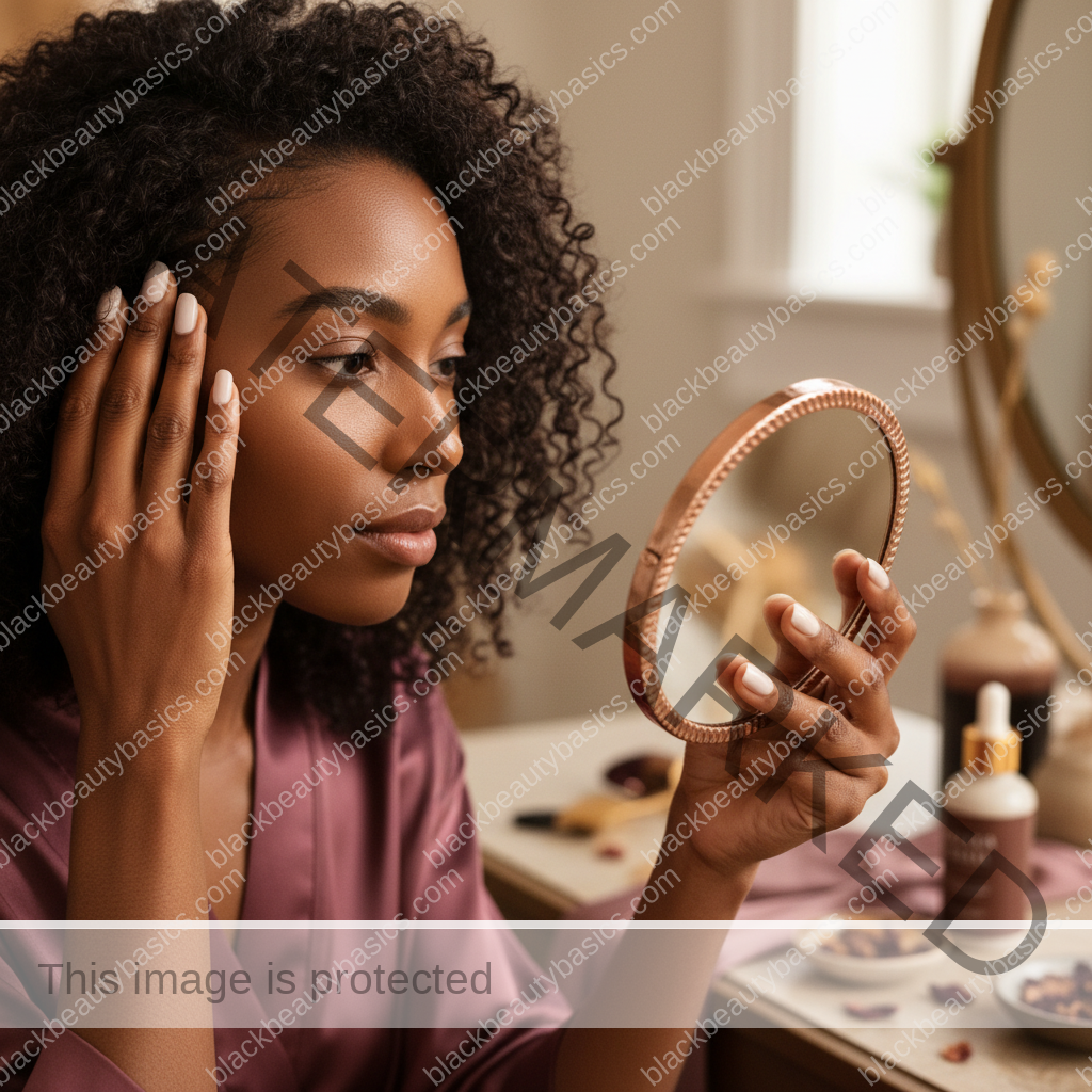 Melanin-rich Black woman with rich brown skin and textured hair gently checking scalp or hairline in a mirror