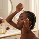Melanin-rich Black woman with rich brown skin and textured hair in a warm editorial scalp-care moment for Oils vs Serums for Scalp Care: What Each Actually Does