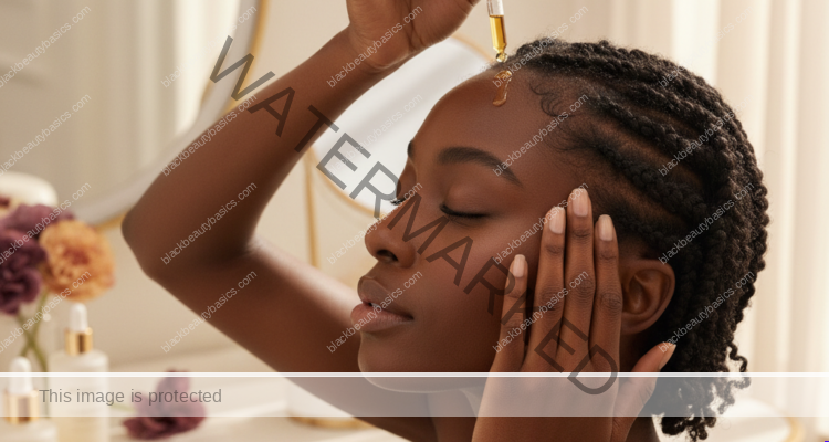 Melanin-rich Black woman with rich brown skin and textured hair in a warm editorial scalp-care moment for Oils vs Serums for Scalp Care: What Each Actually Does