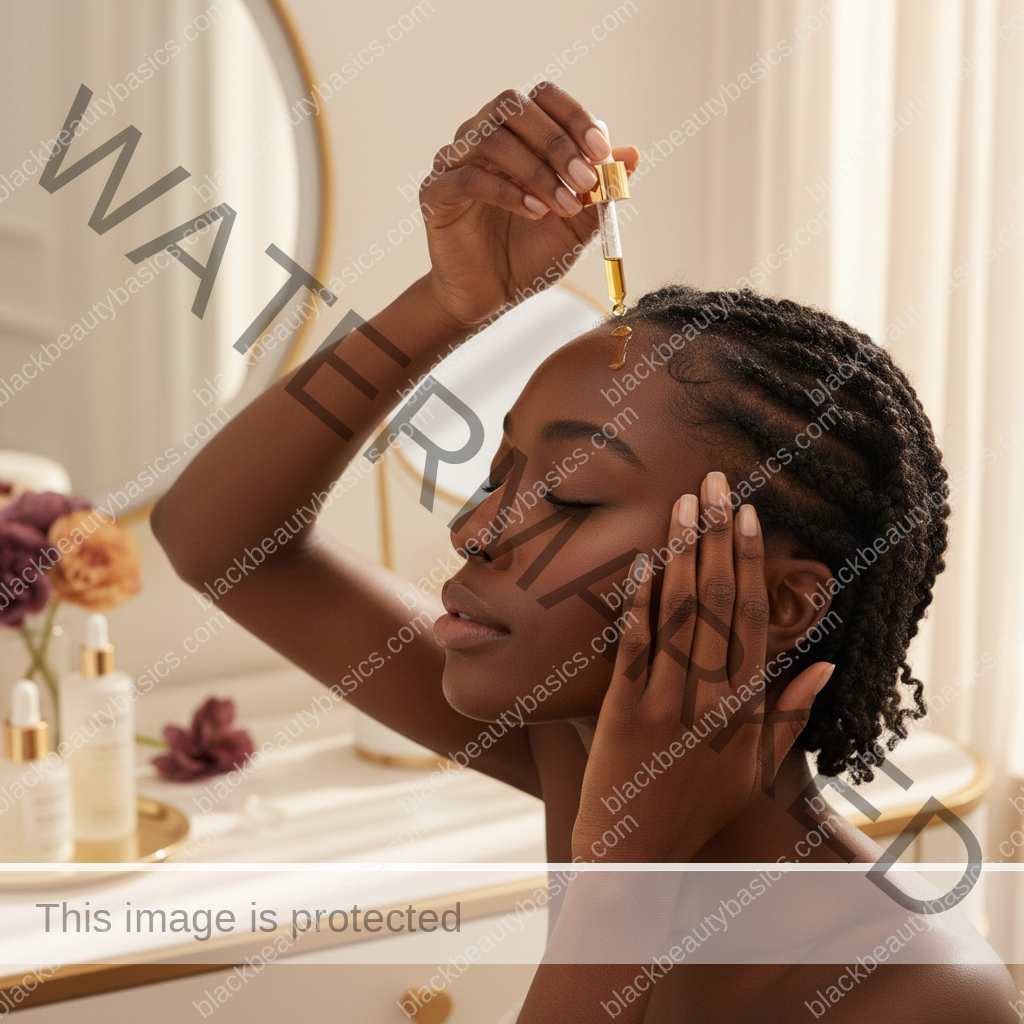 Melanin-rich Black woman with rich brown skin and textured hair in a warm editorial scalp-care moment for Oils vs Serums for Scalp Care: What Each Actually Does
