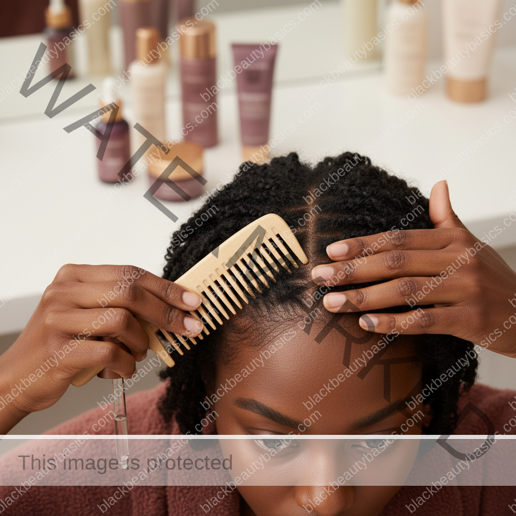 Melanin-rich Black woman with rich brown skin and textured hair using a practical scalp-care step with natural hands and correct anatomy