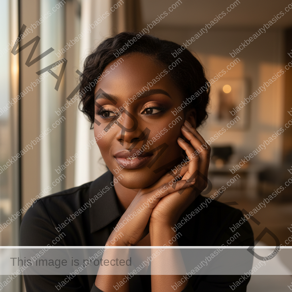 Melanin-rich Black woman with rich brown skin and textured hair relaxed with dimensional makeup for deep skin
