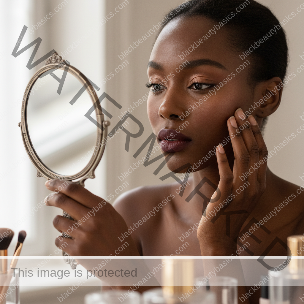 Melanin-rich Black woman with rich brown skin and textured hair in a calm mirror moment checking makeup undertone and finish