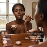 Melanin-rich Black woman with rich brown skin and textured hair in a warm editorial makeup moment for Olive Undertones on Deep Skin: Why Shade Matching Gets Tricky