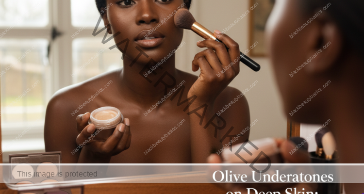 Melanin-rich Black woman with rich brown skin and textured hair in a warm editorial makeup moment for Olive Undertones on Deep Skin: Why Shade Matching Gets Tricky
