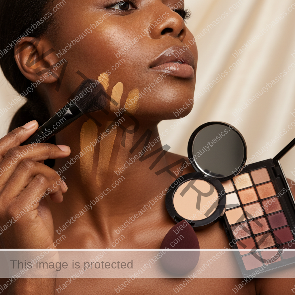 Melanin-rich Black woman with rich brown skin and textured hair using a practical makeup application step with natural hands and correct anatomy