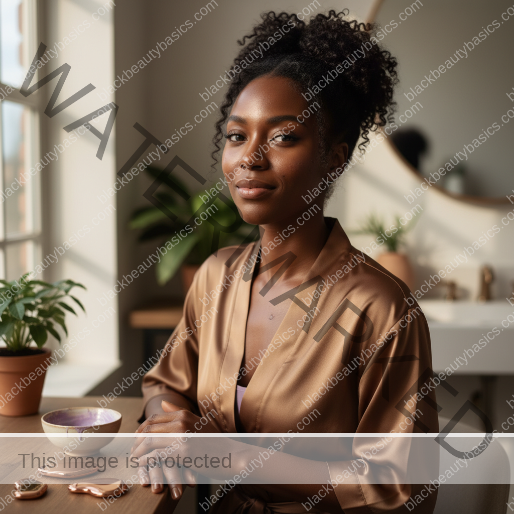 Black woman with deep skin relaxed after a gentle acne-safe skincare routine