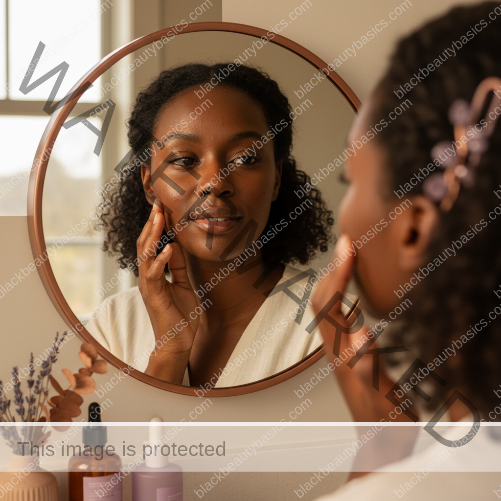Black woman with richly melanated skin reflecting gently during an acne care routine