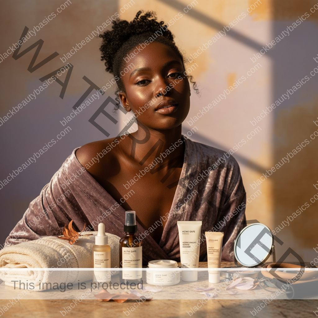 Acne-safe skincare essentials arranged for Over-Exfoliated Acne-Prone Skin on Dark Tones: How to Recover