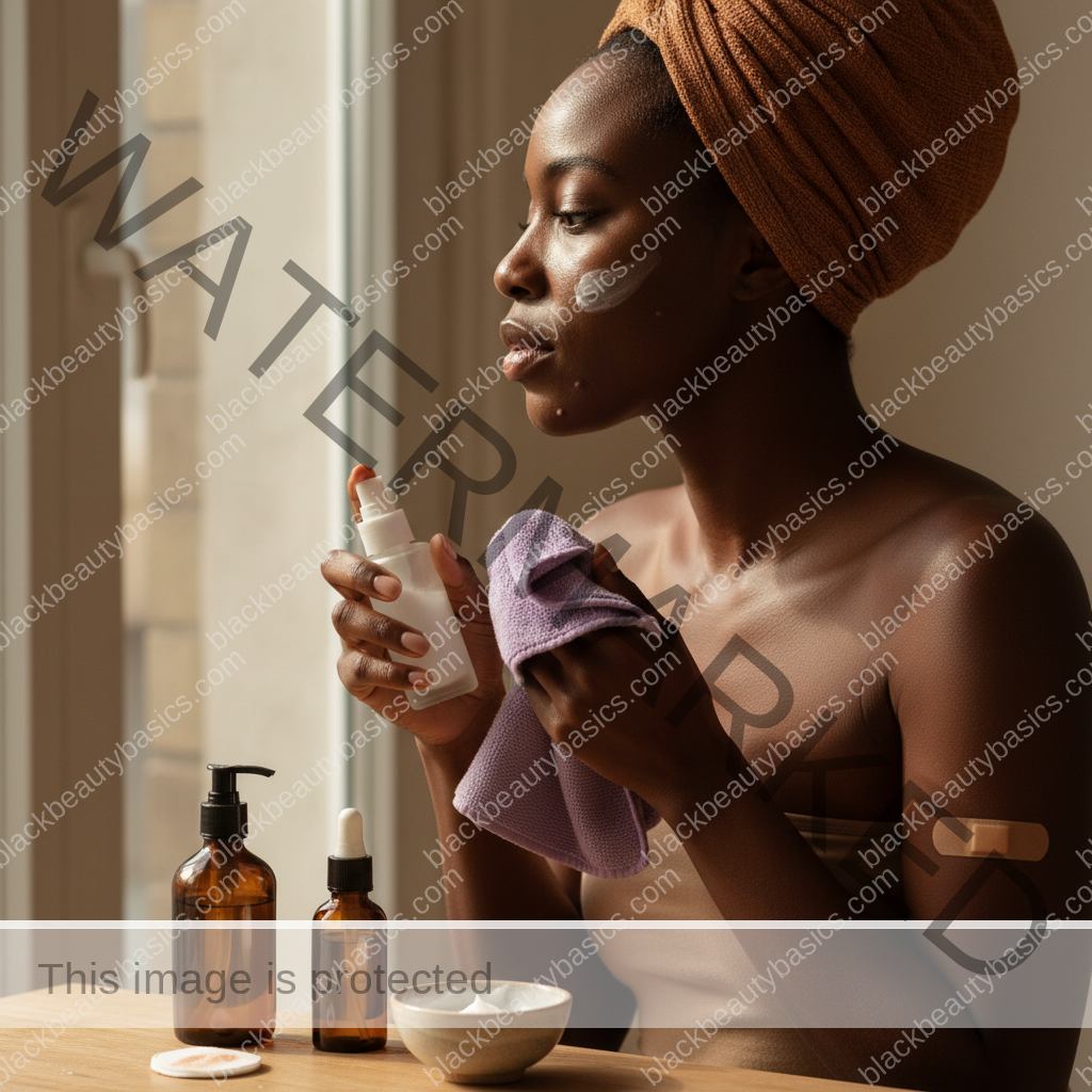 Black woman applying a gentle acne routine step for Over-Exfoliated Acne-Prone Skin on Dark Tones: How to Recover