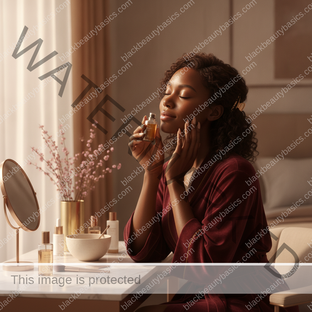 Melanin-rich Black woman with rich brown skin relaxed after a calm skincare or hair-care routine