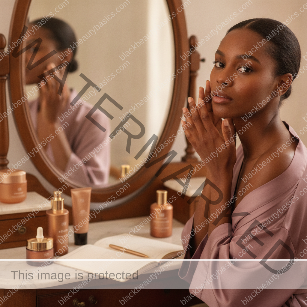 Melanin-rich Black woman with rich brown skin in a practical context for PCOS-Related Acne Plus Hyperpigmentation Routine Planning