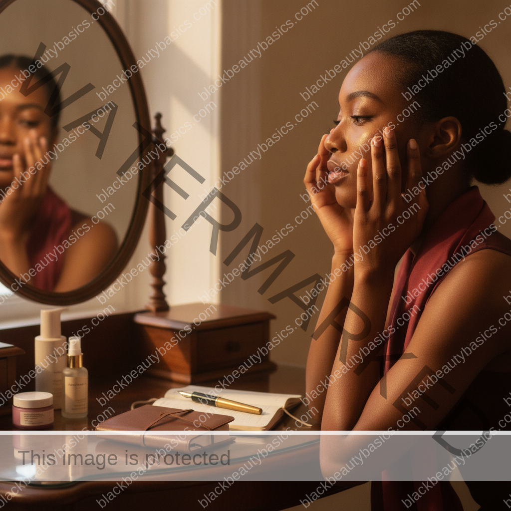 Melanin-rich Black woman with rich brown skin in a calm mirror or note-taking moment
