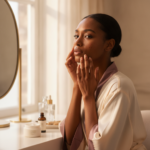 Melanin-rich Black woman with rich brown skin in a warm editorial beauty-care moment for PCOS-Related Acne Plus Hyperpigmentation Routine Planning