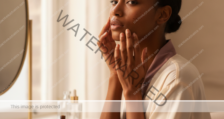 Melanin-rich Black woman with rich brown skin in a warm editorial beauty-care moment for PCOS-Related Acne Plus Hyperpigmentation Routine Planning
