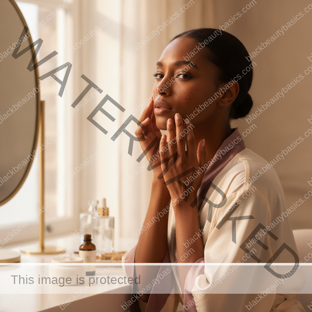 Melanin-rich Black woman with rich brown skin in a warm editorial beauty-care moment for PCOS-Related Acne Plus Hyperpigmentation Routine Planning