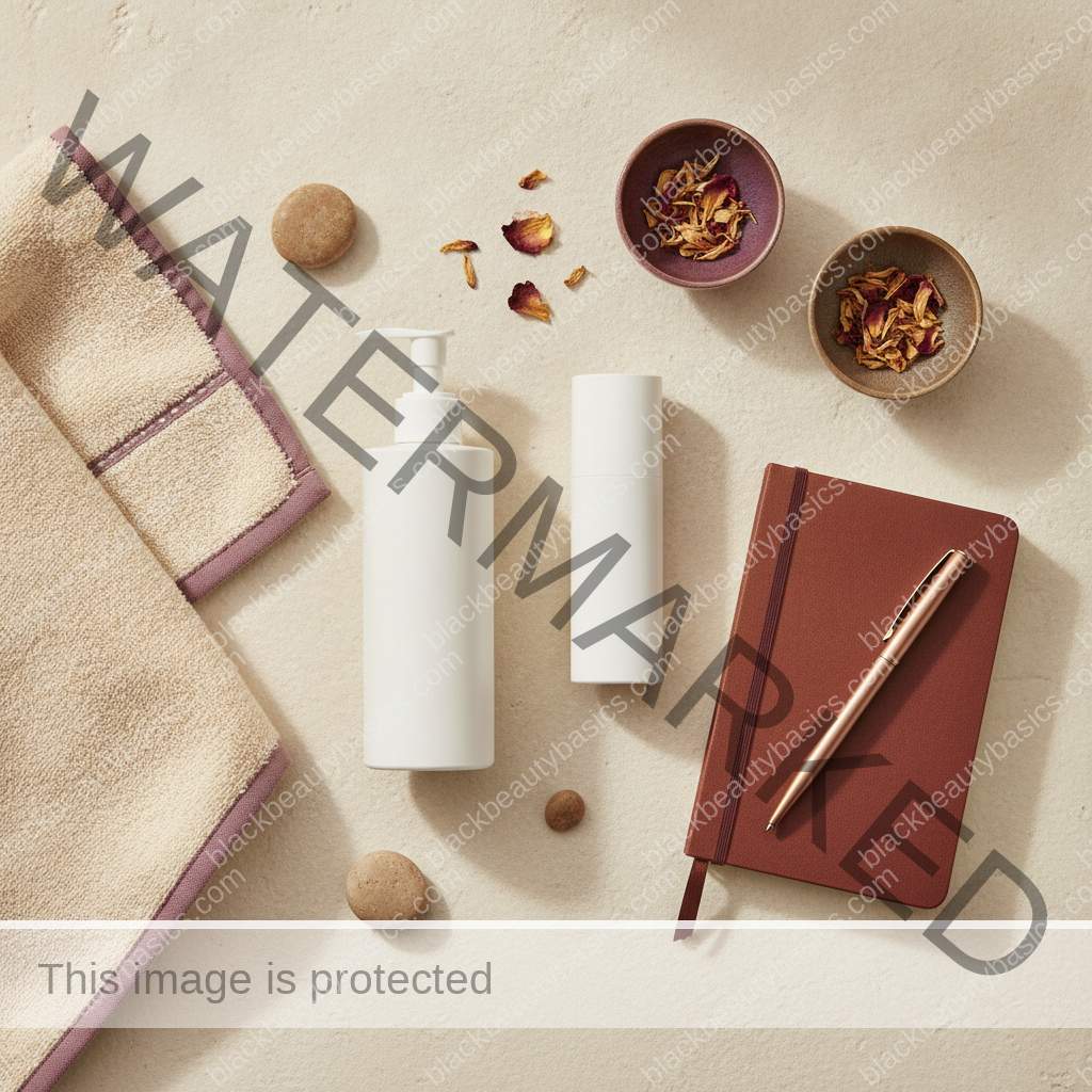 Clean flat lay of gentle acne-care products and blank routine notebook for PCOS-related acne on deep skin