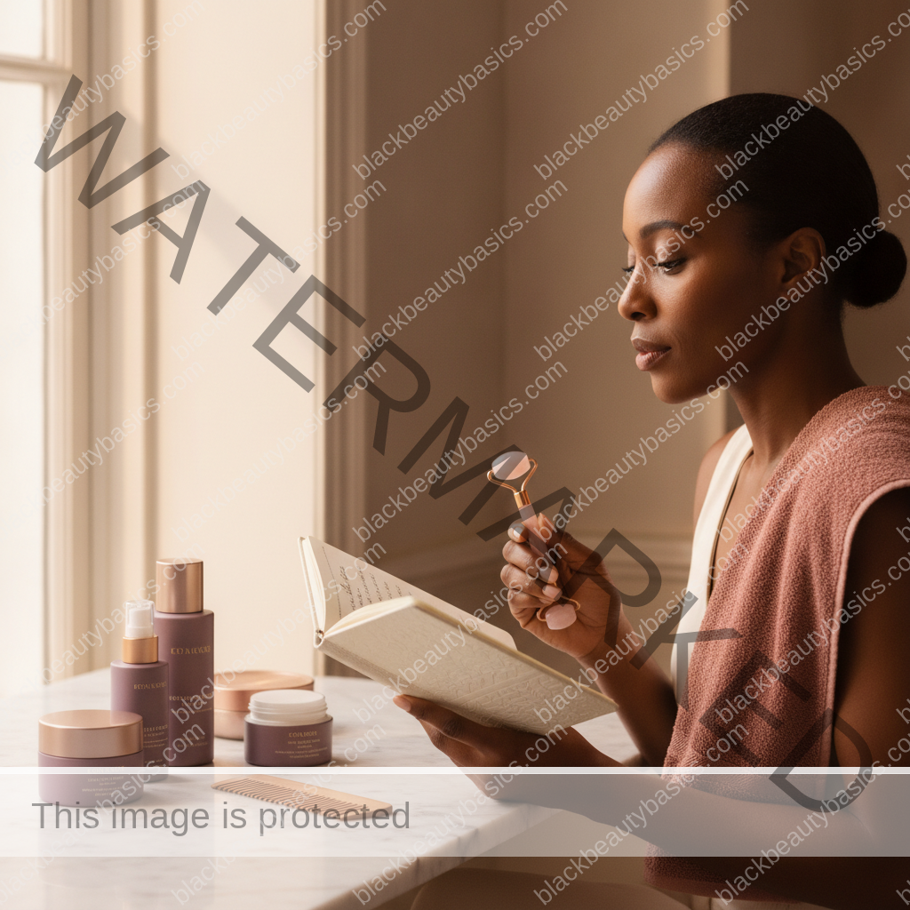 Melanin-rich Black woman with rich brown skin using a gentle care or planning step with natural hands and correct anatomy