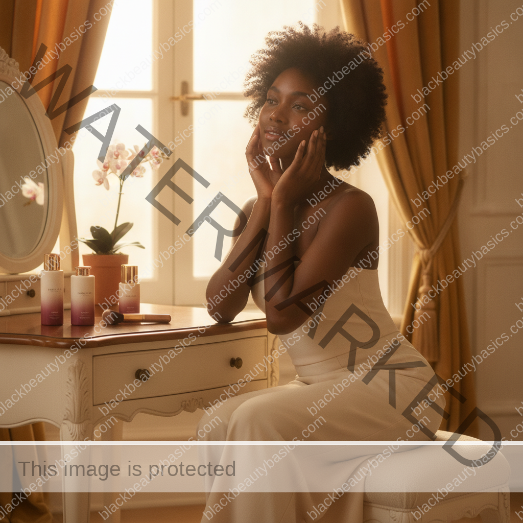 Melanin-rich Black woman with rich brown skin relaxed after a calm skincare or hair-care routine
