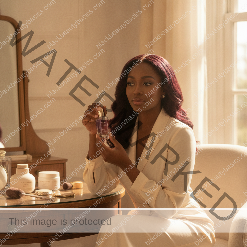 Melanin-rich Black woman with rich brown skin in a practical context for PCOS and Facial Hair Management on Dark Skin