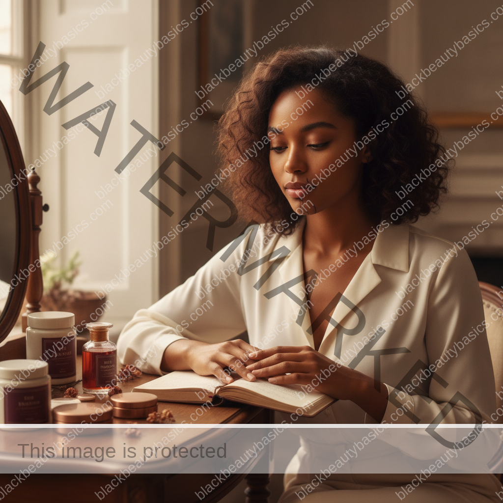 Melanin-rich Black woman with rich brown skin in a calm mirror or note-taking moment