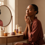 Melanin-rich Black woman with rich brown skin in a warm editorial beauty-care moment for PCOS and Facial Hair Management on Dark Skin