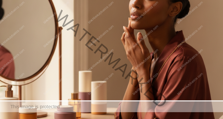 Melanin-rich Black woman with rich brown skin in a warm editorial beauty-care moment for PCOS and Facial Hair Management on Dark Skin