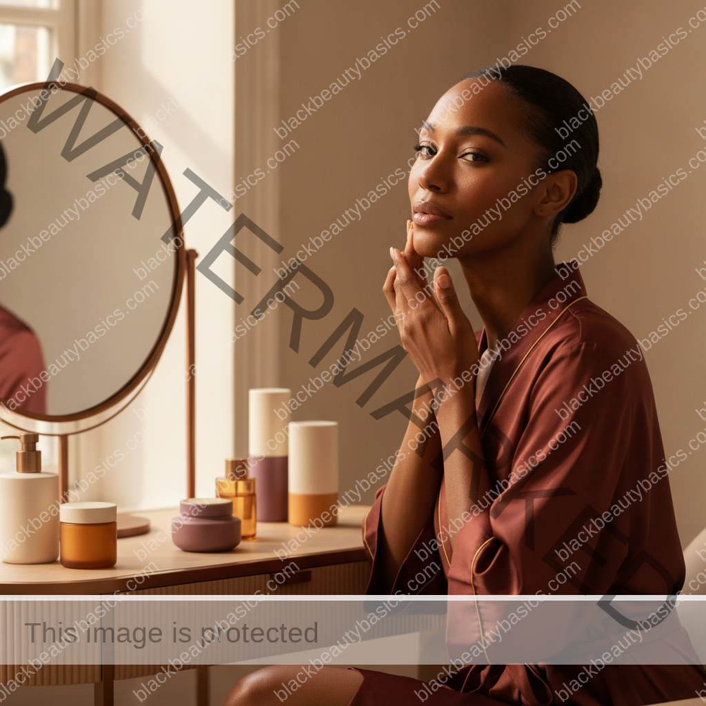 Melanin-rich Black woman with rich brown skin in a warm editorial beauty-care moment for PCOS and Facial Hair Management on Dark Skin