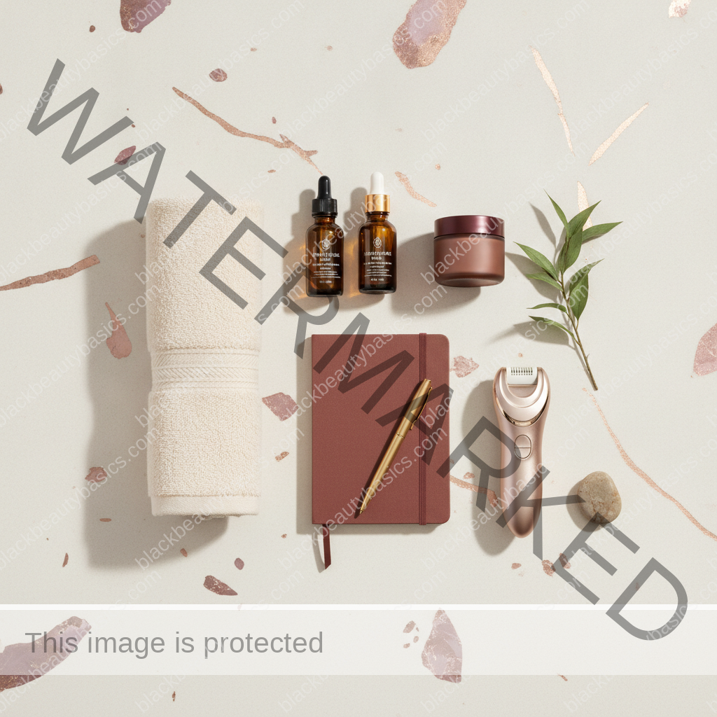 Beauty-care essentials for PCOS and Facial Hair Management on Dark Skin in ivory plum bronze and soft gold tones
