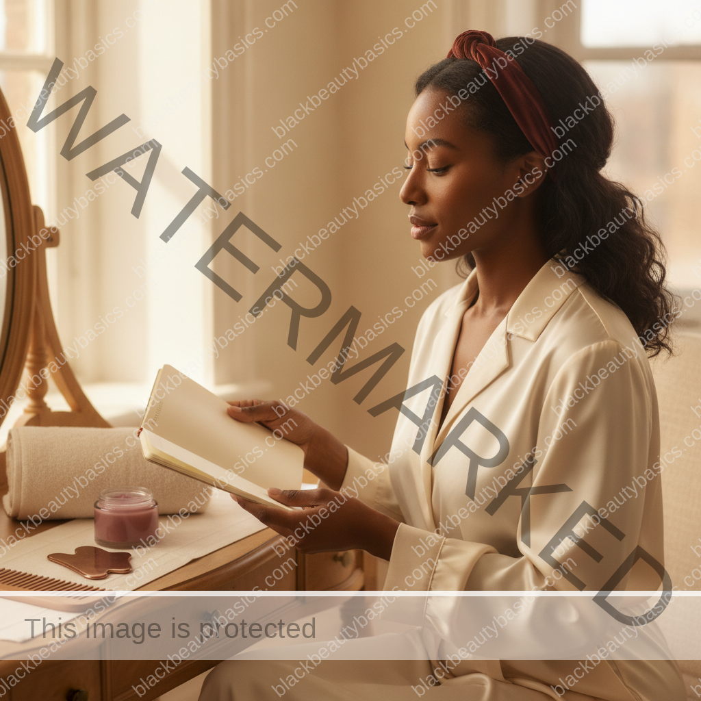 Melanin-rich Black woman with rich brown skin using a gentle care or planning step with natural hands and correct anatomy